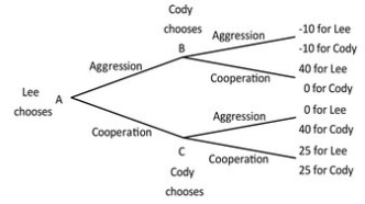Lee and Cody are playing a game in which Lee has the first move at A in the decision tree shown below. Once Lee has chosen either aggression or cooperation, Cody, who can see what Lee has chosen, must choose either aggression or cooperation at B or C. Both players know the payoffs at the end of each branch.   Suppose Cody tells Lee that if Lee chooses aggression, then Cody will also choose aggression, and if Lee chooses cooperation, then Cody will also choose cooperation. Cody's statement is: A) a commitment device. B) not credible. C) a description of the two equilibria in this game. D) credible.