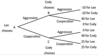 Lee and Cody are playing a game in which Lee has the first move at A in the decision tree shown below. Once Lee has chosen either aggression or cooperation, Cody, who can see what Lee has chosen, must choose either aggression or cooperation at B or C. Both players know the payoffs at the end of each branch.   In the equilibrium of this game, Lee chooses ________, and then Cody chooses ________. A) aggression; aggression B) aggression; cooperation C) cooperation; aggression D) cooperation; cooperation