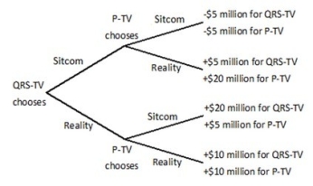 P-TV and QRS-TV are trying to decide whether to air a sitcom or a reality show in a given time slot. Viewers like both sitcoms and reality shows, but sitcoms are more expensive to produce than reality shows since real actors need to be hired. QRS-TV makes its decision first, and then P-TV observes that choice before making its decision. Both stations know all of the information in the decision tree below.   In the equilibrium of this game: A) both stations will air reality shows. B) both stations will air sitcoms. C) QRS-TV will air a sitcom and P-TV will air a reality show. D) QRS-TV will air a reality show and P-TV will air a sitcom.