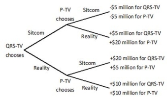 P-TV and QRS-TV are trying to decide whether to air a sitcom or a reality show in a given time slot. Viewers like both sitcoms and reality shows, but sitcoms are more expensive to produce than reality shows since real actors need to be hired. QRS-TV makes its decision first, and then P-TV observes that choice before making its decision. Both stations know all of the information in the decision tree below.   Suppose QRS-TV enters into an agreement with P-TV that gives QRS-TV the exclusive right to air a reality show during this time slot. QRS-TV would be willing to pay P-TV ________ in order to persuade P-TV to enter into this agreement. A) no more than $10 million B) nothing C) more than $10 million D) no more than $5 million