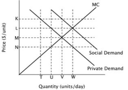 Refer to the figure below. The socially optimal quantity in this market is ________ units per day.   A) T B) U C) V D) W