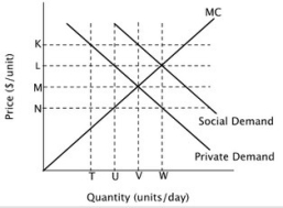 Refer to the figure below. The socially optimal quantity in this market could be achieved by imposing a ________ equal to the vertical distance ________.   A) tax; LN B) subsidy; LN C) tax; LM D) subsidy; LM