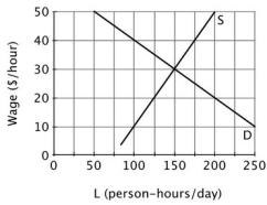 <strong>Assume that this graph illustrates a perfectly competitive labor market. Equilibrium in this labor market is at a wage of ________ per hour and an employment level of ________ person-hours per day.</strong> A)$30; 100 B)$30; 150 C)$20; 200 D)$20; 125