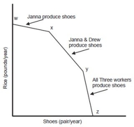 The following graph is the production possibility curve for a three-person economy, with workers Janna, Drew, and Kari.     Who has the greatest comparative advantage in shoe production? A) Janna B) Drew C) Kari D) None of them