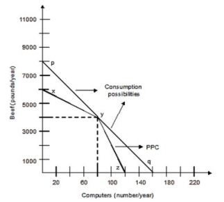 <strong>The following graph shows the production possibilities curve for the economy with only two members, Silvia and Art. Silvia can produce either 50 pounds of beef or 2 computers per week, and Art can produce 100 pounds of beef or 1 computer per week. Both of them work 40 weeks per year. If both Art and Silvia worked full-time producing beef, how many pounds of beef can they produce per year?</strong> A)2,000 pounds B)4,000 pounds C)6,000 pounds D)8,000 pounds