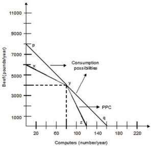 <strong>The following graph shows the production possibilities curve for the economy with only two members, Silvia and Art. Silvia can produce either 50 pounds of beef or 2 computers per week, and Art can produce 100 pounds of beef or 1 computer per week. Both of them work 40 weeks per year. Silvia's opportunity cost of producing one computer is ________ pounds of beef.</strong> A)1/50 B)1/25 C)25 D)50