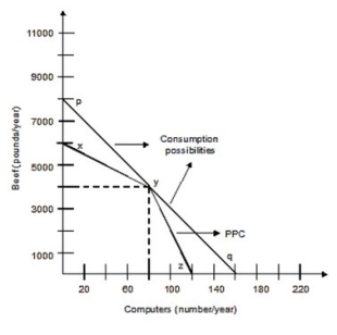<strong>The following graph shows the production possibilities curve for the economy with only two members, Silvia and Art. Silvia can produce either 50 pounds of beef or 2 computers per week, and Art can produce 100 pounds of beef or 1 computer per week. Both of them work 40 weeks per year. Art's opportunity cost of producing one pound of beef is ________ computer(s).</strong> A)1/100 B)1/50 C)50 D)100