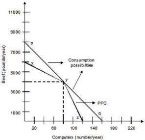 <strong>The following graph shows the production possibilities curve for the economy with only two members, Silvia and Art. Silvia can produce either 50 pounds of beef or 2 computers per week, and Art can produce 100 pounds of beef or 1 computer per week. Both of them work 40 weeks per year. If this country has an open economy, Silvia and Art can get ________ pounds of beef in exchange of a computer.</strong> A)25 B)50 C)80 D)120