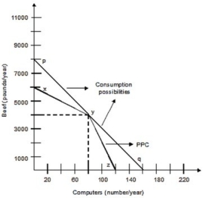 <strong>The following graph shows the production possibilities curve for the economy with only two members, Silvia and Art. Silvia can produce either 50 pounds of beef or 2 computers per week, and Art can produce 100 pounds of beef or 1 computer per week. Both of them work 40 weeks per year. With the opportunity to trade Silvia and Art can ________ the maximum consumption of computers by ________ units.</strong> A)decrease; 80 B)increase; 160 C)decrease; 160 D)increase; 40