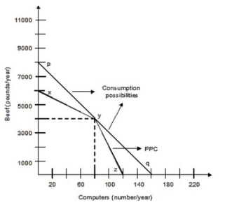 <strong>The following graph shows the production possibilities curve for the economy with only two members, Silvia and Art. Silvia can produce either 50 pounds of beef or 2 computers per week, and Art can produce 100 pounds of beef or 1 computer per week. Both of them work 40 weeks per year. With the open trade economy, Silvia and Art can consume any combination of beef and computers from the line</strong> A)XY. B)PQ. C)XYZ. D)PY.
