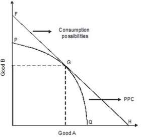 Refer to the following graph.   The maximum amount of good A can be consumed in this economy without trade is A) F units. B) P units. C) G units. D) Q units.