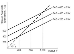 Refer to the accompanying figure.   Based on the figure, when PAE = 200 + 0.5Y, short-run equilibrium output equals: A) 1,200. B) 400. C) 600. D) 800.