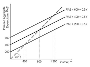 Refer to the accompanying figure.   Based on the figure, when PAE = 600 + 0.5Y, short-run equilibrium output equals: A) 1,200. B) 400. C) 600. D) 800.