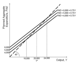 Refer to the accompanying figure.   Based on the figure, and starting from an initial short-run equilibrium where output equals 20,000, if autonomous consumption spending decreases by 1,000, then the new short-run equilibrium output (Y ) is equal to: A) 24,000. B) 16,000. C) 14,000. D) 22,000.