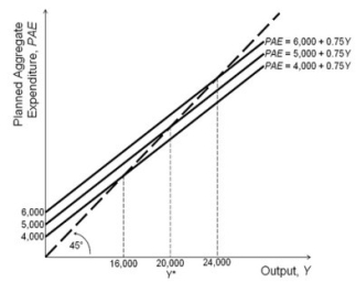 Refer to the accompanying figure.   Based on the figure and starting from an initial short-run equilibrium where output equals 20,000, if autonomous consumption spending increases by 1,000, then the new short-run equilibrium output (Y) is equal to: A) 24,000. B) 6,000. C) 14,000. D) 16,000.
