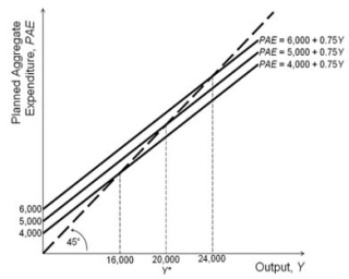 Refer to the accompanying figure.   Based on the figure, if the economy is in short-run equilibrium with output equal to 24,000, then there is ________, and ________ could return the economy to potential output (Y*) . A) an expansionary gap; a decrease in autonomous expenditures of 1,000 B) an expansionary gap; a decrease in autonomous expenditures of 4,000 C) a recessionary gap; an increase in autonomous expenditures of 1,000 D) a recessionary gap; an increase in autonomous expenditures of 4,000