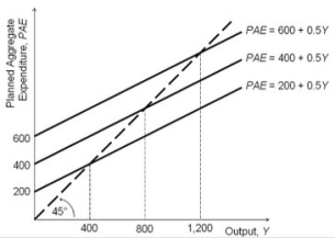 Refer to the accompanying figure.   Based on the figure, the income-expenditure multiplier equals: A) 0.5. B) 2. C) 5. D) 200.
