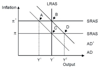 Refer to the accompanying figure.   Starting from long-run equilibrium at point C, an adverse inflation shock that increases inflation from π to π¹ will lead to a short-run equilibrium at point ________ and eventually to a long-run equilibrium at point ________, if left to self-correcting tendencies. A) A; B B) A; C C) B; A D) B; C