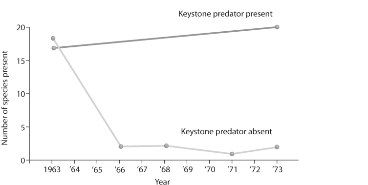   Figure 52.7 -What does the graph in the figure above tell you about the definition of a keystone species? A)  A keystone species added to a community can make it more robust. B)  A keystone species has little interaction with other species in an environment. C)  A keystone species removed from a community could have drastic effects. D)  A keystone species can be any species.