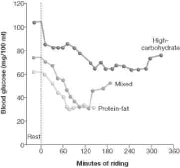   Figure 41.1 -How would you, as an athlete or trainer, interpret the data portrayed in the graph above? A) It is highly probable that muscle cells involved in exercise use fatty acids as a fuel source. B) The protein- fat diet resulted in the longest endurance. C) A high- carbohydrate diet consumed before an endurance event improves endurance. D) A high- carbohydrate diet is deleterious to all individuals because carbohydrates contain empty calories.