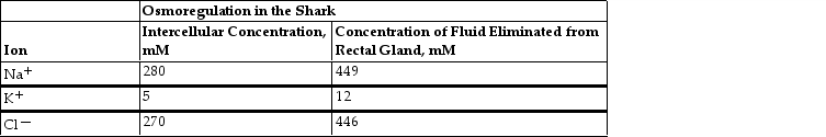   Table 40.1 -Refer to Table 40.1: Because the shark rectal gland functions only when ATP molecules are present, what can you infer about the movement of Na<sup>+</sup>, K<sup>+</sup>, and Cl<sup>-</sup><sup> </sup>? A)  Movement of these ions from circulation into the rectal gland is an active process. B)  These ions move into the rectal gland with their osmotic gradient. C)  Movement of these ions takes place from a region of higher concentration to a region of lower concentration. D)  The rectal gland is unable to concentrate these ions.