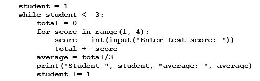 What does the following program do?   A)  It accepts 4 test scores for 3 students and outputs the average of the 12 scores. B)  It accepts 3 test scores for each of 3 students and outputs the average for each student. C)  It accepts 4 test scores for 2 students, then averages and outputs all the scores. D)  It accepts one test score for each of 3 students and outputs the average of the 3 scores.