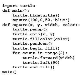 What does the following program do?   A)  It draws a blue square. B)  It draws a blue triangle. C)  It draws 2 blue lines. D)  Nothing since you cannot call a function with turtle graphics.