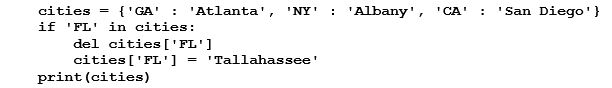 What will be displayed after the following code executes? (Note: the order of the display of entries in a dictionary are not in a specific order.)    A)  {'FL': 'Tallahassee'} B)  KeyError C)  {'CA': 'San Diego', 'NY': 'Albany', 'GA': 'Atlanta', 'FL' 'Tallahassee'} D)  {'CA': 'San Diego', 'NY': 'Albany', 'GA': 'Atlanta'}