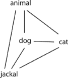 The mental lexicon is thought to be organized as a semantic network in which word meanings are connected to each other, as in the two-dimensional diagram here. Based on what you know about how strength of association between word meanings is represented in semantic networks, determine which of the following statements regarding the network is true.   A) Jackal is a less-frequently accessed animal word than cat. B) The association between dog and jackal is weaker than the association between cat and jackal. C) Jackal is a less-frequently accessed animal word than dog. D) The association between dog and cat is stronger than the association between animal and cat.