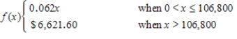 This piecewise function represents the Social Security taxes for 2009.How much did Rachel pay in Social Security tax if she earned $102,000 in 2009?   A)  $6,824.60 B)  $6,355.10 C)  $6,324.00 D)  $6,220.00