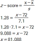 If Stephen only wants to look at the top 10%,he wants a score in the 90<sup>th</sup> percentile,which means that 90% of the wines will fall below that mark.The probability closest to 0.90 in the standard normal table is associated with a z-score of 1.28.The data value associated with a z-score of 1.28 is 81.088.Stephen should focus on wines with a rating above 81. ​   ​