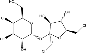 Sucralose,the active ingredient in an artificial sweetener,Splenda,is shown below.Sucralose is advertised as being made from table sugar.What is the main difference between sucrose (table sugar) and sucralose?   A) Sucralose is a disaccharide,whereas sucrose is a monosaccharide. B) Sucralose has a six-membered and a five-membered ring,unlike the two six-membered rings in sucrose. C) Sucralose has a glycosidic bond between the two saccharide units,unlike the C-C bond in sucrose. D) Some hydroxyl groups in sucrose are replaced by chlorine atoms in sucralose. E) Sucralose has a six-membered and a five-membered ring,unlike the two five-membered rings in sucrose.