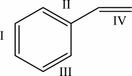The monomer for polystyrene is shown below.Which of the bonds is involved in the polymerization process?   A) I only B) II only C) III only D) IV only E) Bonds I-IV are all involved in polymerization.