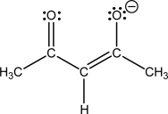 The structure of the acetylacetonate ligand is shown.How many coordination sites does it have?   A) 5 B) 4 C) 3 D) 2 E) 1