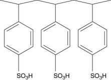 Polymers with ionic functional groups have been developed for removal of ions from water.One example is Amberlite.One form of Amberlite has the structure shown below,where the -SO<sub>3</sub>H groups act like a weak acid.What type of ions will this polymer attract?   A) cations B) anions C) all ions D) impossible to tell E) none,since the polymer is neutral