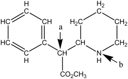 Identify the local molecular geometry and hybridization at atoms a and b in Ritalin,which is a drug used to treat attention deficit hyperactivity disorder.In the line drawing shown below,the hydrogen atoms bonded to carbon are not shown explicitly.  