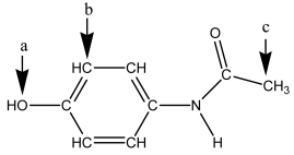 Identify the hybridization of atomic orbitals for atoms a,b,and c in the structure below of acetaminophen,which is the active ingredient in the analgesic Tylenol.  