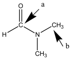  Answer the following questions about the bonding in dimethyl formamide.The Lewis structure without nonbonding electrons is shown below.    Give the following information for atom a and for atom b: How many electron groups are present and what is the electronic geometry? What is the shape associated with this bonding arrangement? What is its hybridization? How many   \sigma  and how many  \pi  bonds has it formed? 