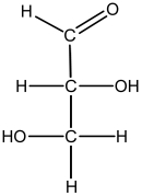  Consider the structure of glyceraldehyde (nonbonding electrons not shown).Give the hybridization of the carbon atoms top to bottom.How many   \sigma  and how many  \pi  bonds do each have (top to bottom)? Identify the chiral atom.   