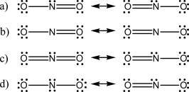 Nitrite (NO<sub>2</sub><sup>-</sup>) is an important nutrient in the eutrophic zone of the ocean.Which of the following is the best set of resonance structures for this ion?   A) a B) b C) c D) d E) none of these