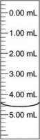 A buret (shown below) was used to add dilute hydrochloric acid (HCl) to a sodium hydroxide solution.If the buret initially was read as 0.00 mL,how much HCl has been delivered according to the reading in the figure?   A) 5.4 mL B) 5.40 mL C) 4.6 mL D) 4.3 mL E) 4.30 mL