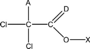 Which statement below regarding the Lewis structure of trichloroacetic acid, CH <sub>2</sub>Cl<sub>3</sub>O<sub>2</sub> is FALSE? A partial bonding framework is given.   A) The atom at position  X  is hydrogen. B) In the correct and complete Lewis structure, the atom at position  D  violates the octet rule. C) The atom at position  A  is Chlorine. D) The oxygen atom shown has two pairs of nonbonding electrons. E) In the correct and complete Lewis structure, all of the chlorine atoms have three pairs of nonbonding electrons.