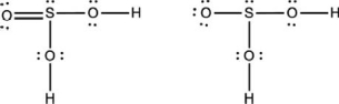 Two reasonable Lewis structures for sulfurous acid (H<sub>2</sub>SO<sub>3</sub>) are given below.Add the formal charges to each atom.  