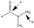  Answer the following questions about the bonding in dimethyl formamide.The Lewis structure without nonbonding electrons is shown below.   Give the following information for atom a and for atom b: How many electron groups are present, and what is the electron-pair geometry? What is the shape associated with this bonding arrangement? What is its hybridization? How many  \sigma and how many   \pi  bonds has it formed? 