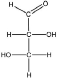  Consider the structure of glyceraldehyde (nonbonding electrons not shown).Give the hybridization of the carbon atoms top to bottom.How many  \sigma  and how many   \pi bonds do each have (top to bottom)? Identify the chiral atom.   
