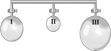Three bulbs are connected as shown in the diagram below.For purposes of a biology experiment, an artificial atmosphere is being created for test animals to breathe.What is the partial pressure of oxygen inside the system when all the valves are opened and the gases mix completely? The flasks are at the same temperature, and the temperature does not change when the gases mix.Assume the volume of the tube connecting the bulbs is negligible.    