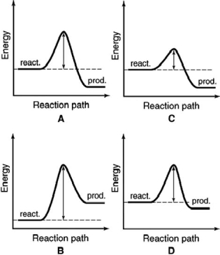 The energy profiles for four different reactions are shown.Which of the reactions will have the largest rate constant?   A) A B) B C) C D) D E) More information is required.