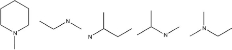 Identify the following molecules as primary, secondary, or tertiary amines.Note: Carbon and hydrogen atoms are NOT labeled.  