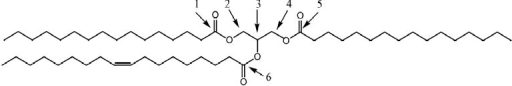 Which of the following statements regarding the triglyceride shown is correct?   A) There are no enantiomers because there are no chiral carbons. B) There are two enantiomers because C<sub>3</sub> is chiral. C) There are four enantiomers because C2 and C4 are chiral. D) There are six enantiomers because C2, C<sub>3</sub>, and C4 are chiral. E) There are six enantiomers because C1, C<sub>3</sub>, and C5 are chiral.