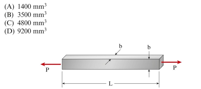 A titanium bar (E ⫽ 100 GPa, v ⫽ 0.33) with square cross sec- tion (b ⫽ 75 mm) and length L ⫽ 3.0 m is subjected to tensile load P ⫽ 900 kN. The increase in volume of the bar is approximately: